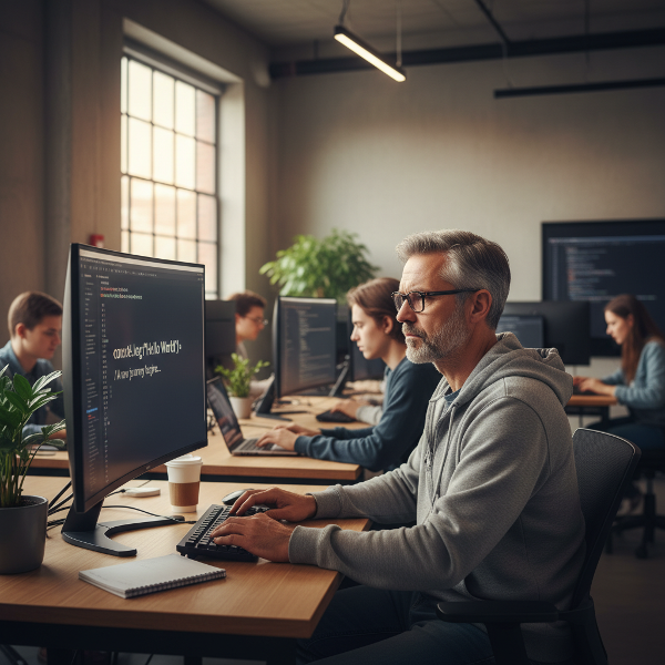 41 yaşında bir erkek, yazılım geliştirme bootcamp'inde, genç öğrenciler arasında, bilgisayar başında kod yazarken düşünceli bir şekilde oturuyor. Ekranda 'Hello World' yazıyor.