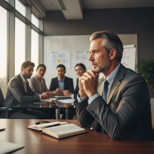54 yaşındaki bir erkek, kişisel gelişim ve liderlik dengelerini düşünürken, arka planda çeşitliliğe sahip bir ekip ile profesyonel bir ortamda tasvir ediliyor.