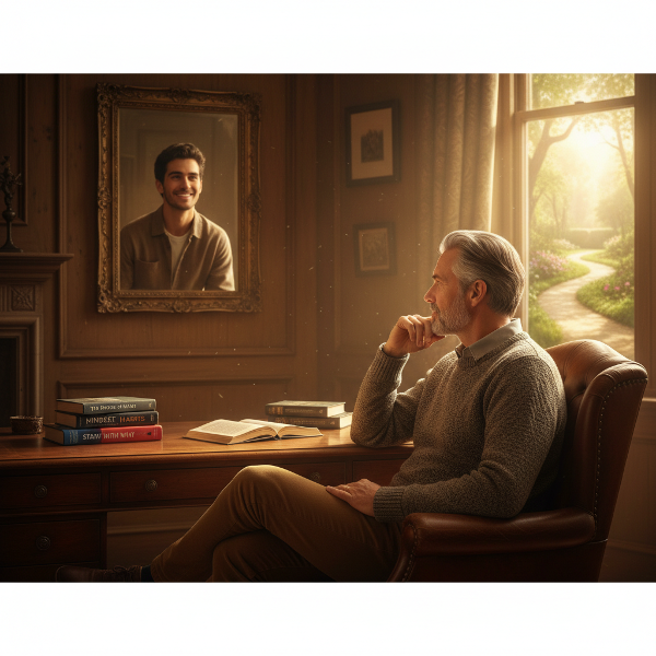 Orta yaşta bir erkek, gerçek benliğini arayışını ve içsel yolculuğunu yansıtan bir çalışma odasında düşünceli bir şekilde oturuyor.