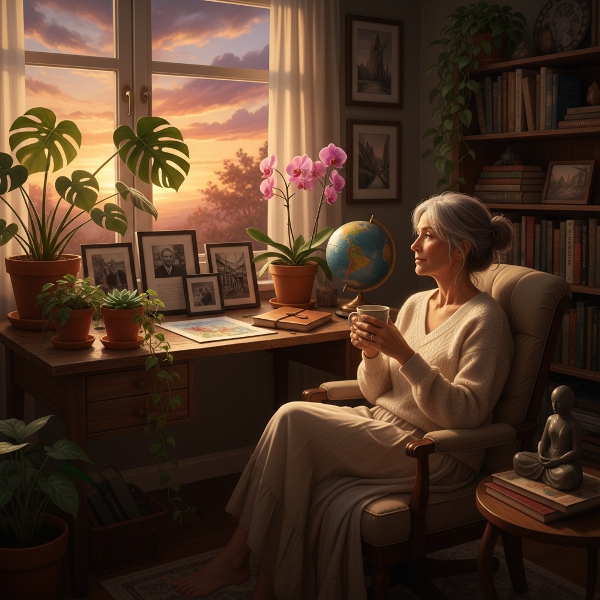 Başarı odaklı bir yaşamdan içsel anlam arayışına geçişi yansıtan, huzurlu bir ortamda düşünen bir kadın.