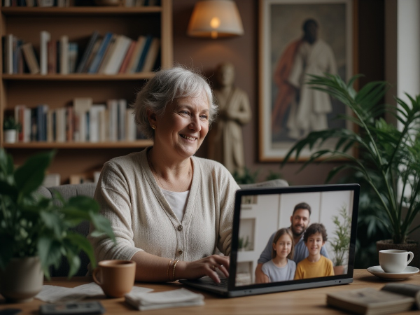 53 yaşındaki bir kadın psikolog, çevrimiçi aile terapisi seansı yaparken, sanal ortamda duygusal bağ kurmanın zorluklarını yansıtan sıcak bir ofis ortamında.