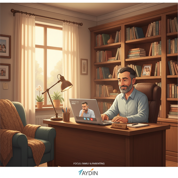 Psikolog Aydın, yetişkin danışanı Deniz'e çevrimiçi ortamda aile ve çocuklarla ilgili konularda danışmanlık veriyor.