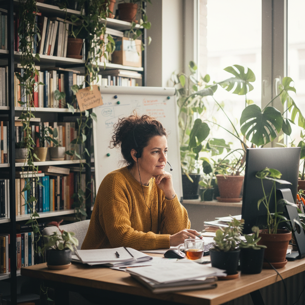 Deniz, 45 yaşında bir çevrimiçi psikolog, kitaplar ve bitkilerle dolu ev ofisinde danışanlarına samimi ve pratik bir yaklaşımla yardım ediyor.