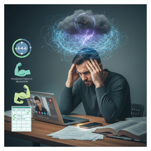 29 yaşındaki çevrimiçi psikolojik danışman Mert'in iş ve özel yaşamdaki stresini, öfke patlamalarını ve önerilen yönetim tekniklerini (nefes egzersizi, gevşeme, haftalık plan) gösteren resim.