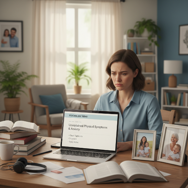 34 yaşında bir kadın, çevrimiçi psikolojik danışmanlık hizmeti verirken yaşadığı psikosomatik belirtiler ve stresle başa çıkma arayışını yansıtan bir ofis ortamında.