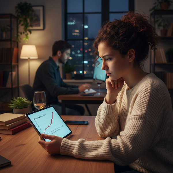 Psikoloji öğrencisi Elif, uzaktan çalışma ve anksiyete nedeniyle dijital bağımlılık ve alkol kullanımı sorunu yaşayan bir danışanını düşünüyor.