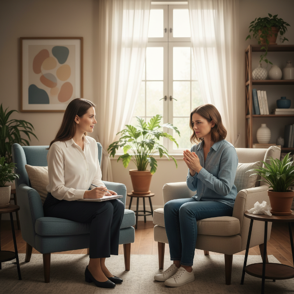 Psikolog Aydın, iş yerindeki stres ve geçmiş gaslighting deneyiminden kaynaklanan psikosomatik belirtiler yaşayan Lale'ye ofisinde danışmanlık yapıyor.