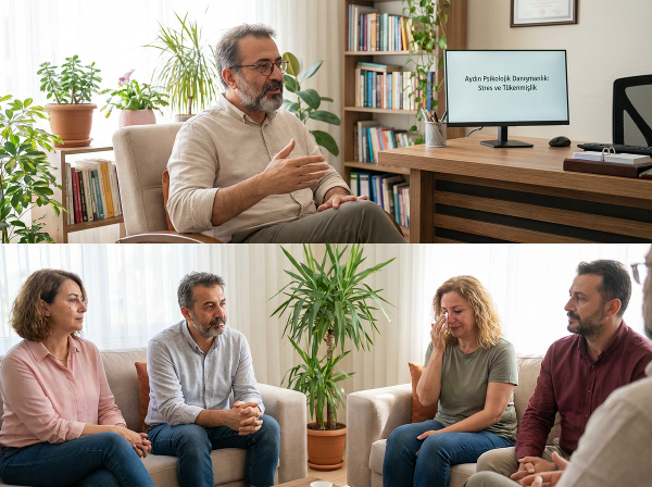 Psikolog Aydın'ın, orta yaş ve üzeri bireyler için stres ve tükenmişlikle başa çıkma konusunda danışanlarına pratik tavsiyeler verdiği sıcak ve profesyonel bir ofis ortamı.