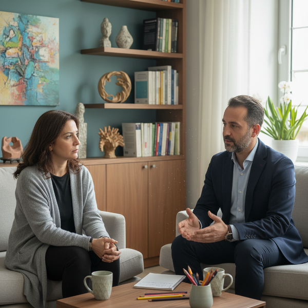 Psikolog Aydın, meslektaşı Deniz'e öfke yönetimi ve terapötik yöntemler hakkında danışmanlık yapıyor.