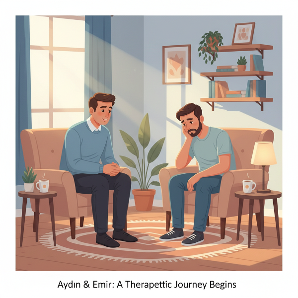 Psikolog Aydın, enerji kaybı ve motivasyon eksikliği yaşayan Emir'e danışmanlık yaparken gösteriliyor.