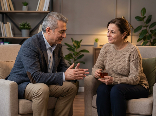 Psikolog Aydın, orta yaşlı bir kadın danışana yalnızlık ve sosyal bağlar konusunda tavsiyeler veriyor.