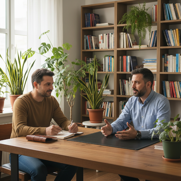 Psikolog Aydın, çocuğunun okul motivasyonu hakkında endişeli bir babayı dinlerken.
