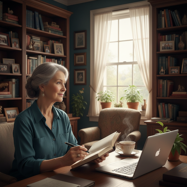 61 yaşındaki psikolog Meral, 28 yıllık kariyeri sonrası iş tatmini ve geçmiş travmatik anılarını yönetmek için danışmanlık alıyor. Profesyonel ve huzurlu bir ofis ortamında düşünceli bir şekilde oturuyor.