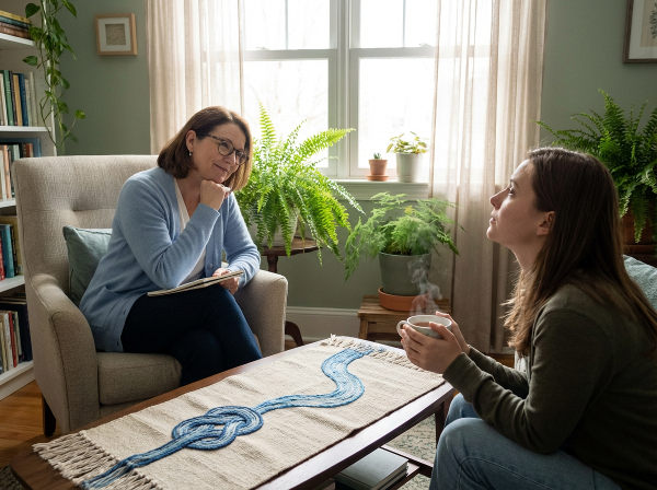 Psikolog Aydın, stres ve travma kaynaklı psikosomatik semptomlar yaşayan bir danışana ofisinde şefkatle rehberlik ediyor.