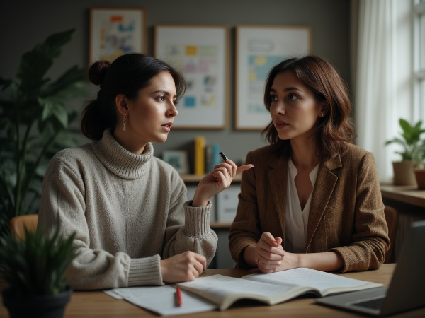 Psikolog Aydın, tükenmişlik ve kaygı yaşayan öğretmen Lina'yı dinlerken, destekleyici ve anlayışlı bir ortamda.
