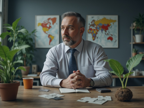 Özgüvenini yeniden inşa etmeye çalışan, iş yerinde zorluklar yaşamış 53 yaşında bir erkek için umut ve içsel gücü temsil eden bir görsel.