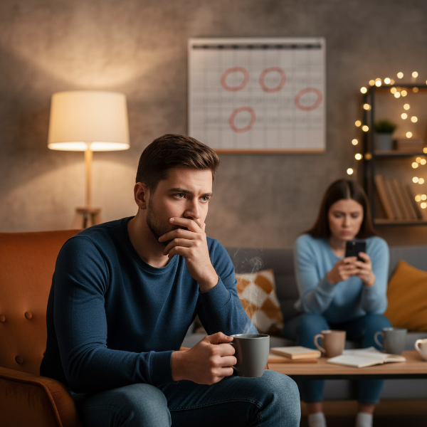 Bir ilişkide duygusal ihtiyaçlar ve destek arasında denge arayan genç bir adamı gösteren, sıcak ve düşündürücü bir resim.