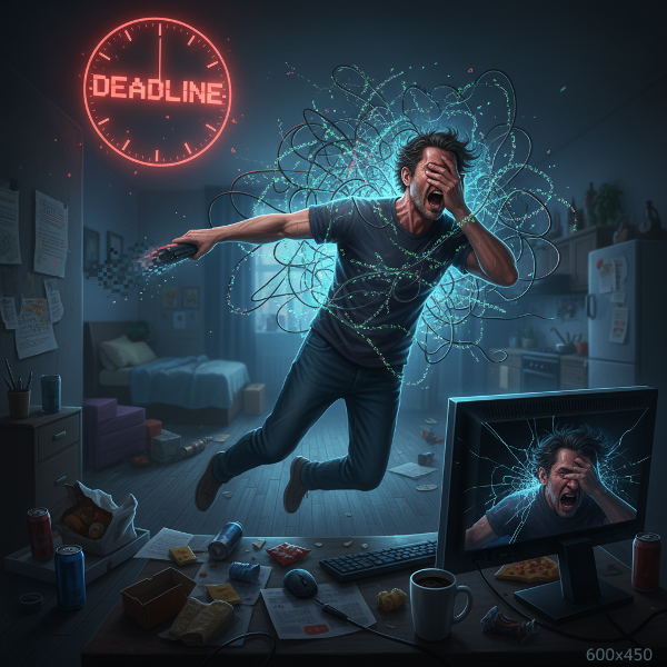 Uzaktan çalışma sırasında yaşanan stres, yalnızlık ve öfke patlamalarını konu alan, psikolojik danışmanlık temasına sahip bir dijital illüstrasyon.