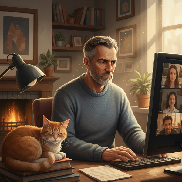 Ahmet'in ev ofisinde, dijital iletişim ve yalnızlık temasını yansıtan bir sahne.