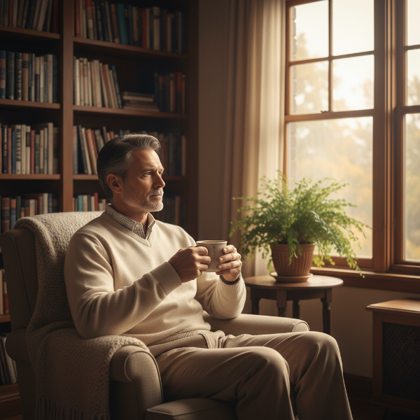 Emekli bir bankacı, yeni bir yaşam evresinde anlam arayışını düşünürken, sıcak ve huzurlu bir ev ortamında tasvir ediliyor.