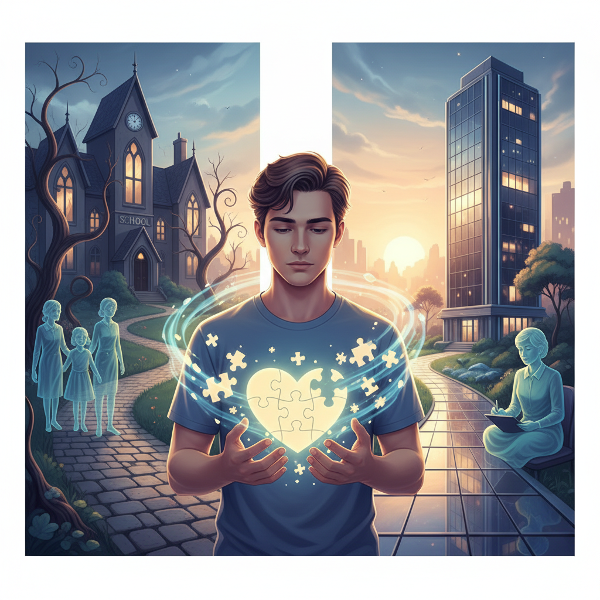 Efe'nin geçmiş zorbalık ve aile dinamiklerinden, özgüven ve sınır koyma becerilerini geliştirdiği umut dolu bir geleceğe yolculuğunu sembolize eden bir görsel.