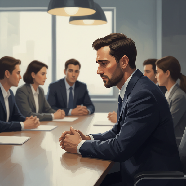 İş toplantısında göz teması kurmakta zorlanan ve kaygı yaşayan bir erkek, arka planda bulanık yüzlerle temsil ediliyor.