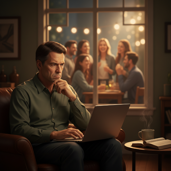 Yalnızlık ve sosyal fobi arasındaki döngüyü, internet bağımlılığının etkilerini ve terapi yoluyla atılabilecek adımları görselleştiren psikolojik bir illüstrasyon.