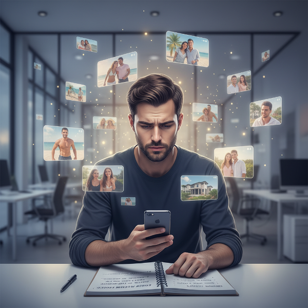 Bir genç adam, sosyal medyadaki başkalarının hayatlarına bakarken kendini kıyaslama ve yetersizlik duyguları içinde tasvir ediliyor. Psikolojik destek ve içsel yolculuk teması işleniyor.