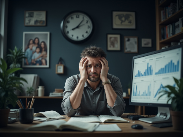 45 yaşındaki bir erkek, yoğun iş yükü ve tükenmişlik belirtileri nedeniyle ev ofisinde stresli bir şekilde çalışırken görülüyor.