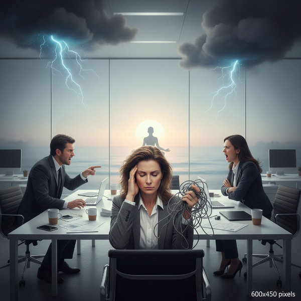 İş yerinde kronik çatışma ve stres yaşayan, tükenmişlik belirtileri gösteren bir kadın yöneticinin ofis ortamındaki tasviri.