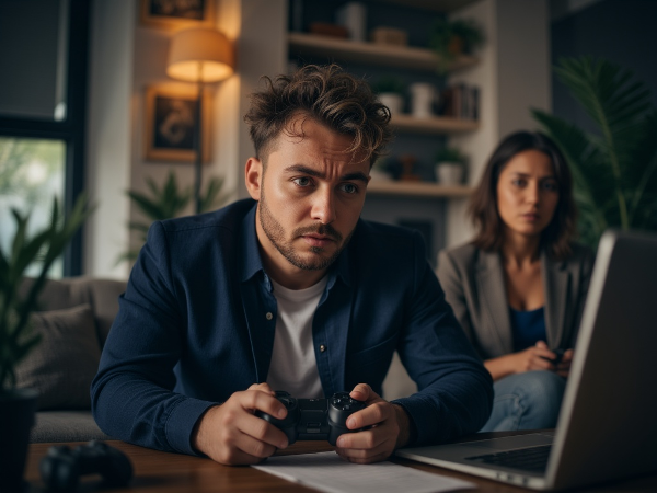 32 yaşındaki bir erkek, iş stresi ve bilgisayar oyunu alışkanlığı nedeniyle partneriyle yaşadığı ilişki sorunlarını düşünüyor.