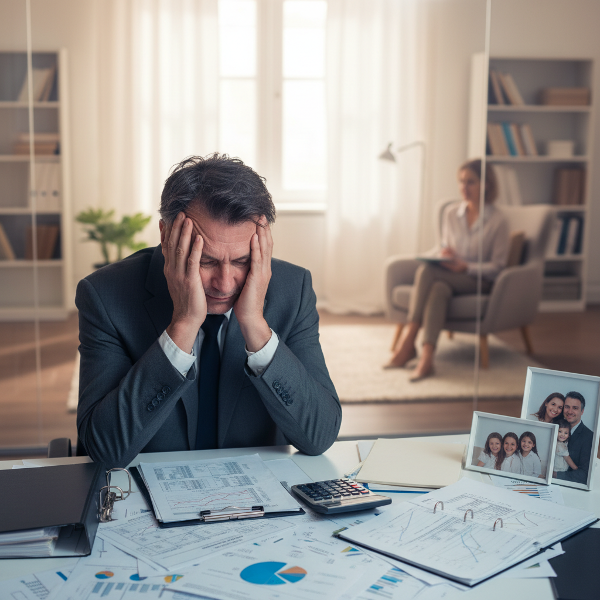 Orta yaşlı bir erkek, ofisinde mali kriz ve ailevi baskılar altında stresli bir şekilde oturuyor, arka planda destekleyici bir psikolog ofisi görülüyor.