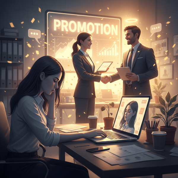 Elif'in iş yerinde yaşadığı değersizlik ve kıskançlık duygularını sembolize eden, ofis ortamında duygusal bir dijital sanat çalışması.