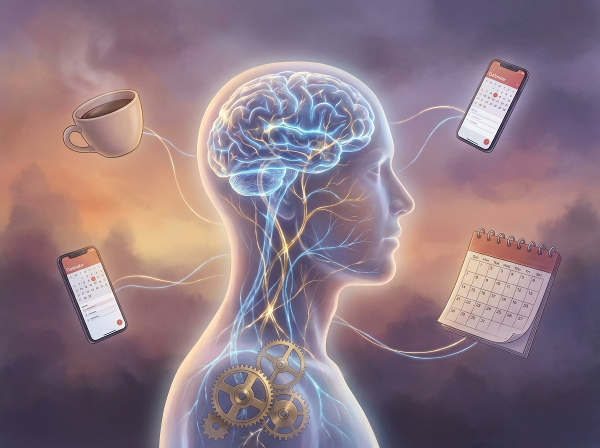 Günlük otomatik davranışlar ve alışkanlıkların, insan zihninin içindeki karmaşık nöral ağlar ve dişlilerle soyut bir şekilde temsil edildiği bir görsel.