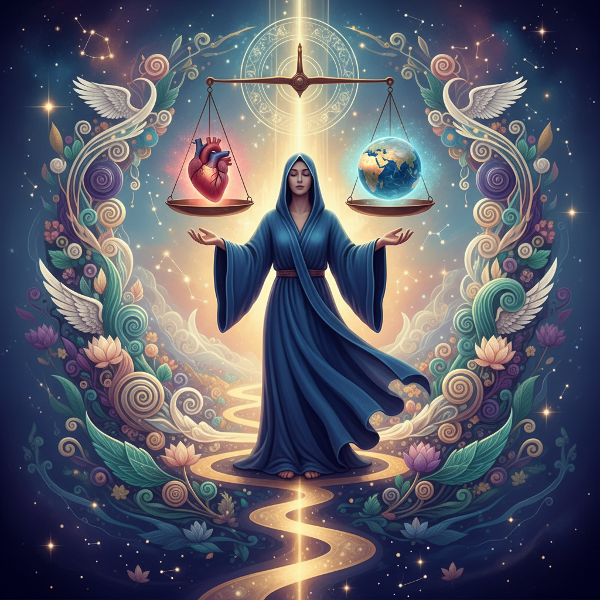 Denge, dönüşüm ve içsel uyumu temsil eden, mistik bir atmosferde soyut sembollerle dolu bir dijital sanat eseri.