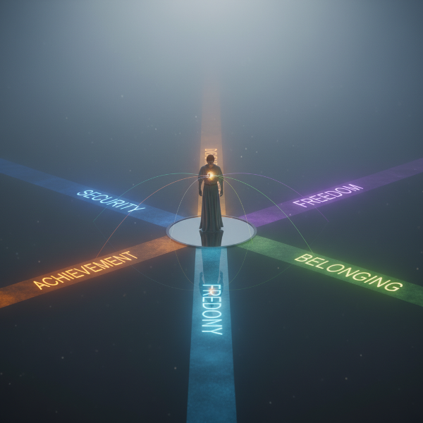 Bir kişi, güvenlik, başarı, aidiyet, özgürlük ve keşif gibi temel değerleri temsil eden farklı renklerde parlayan çoklu yolların kesiştiği bir noktada duruyor. Kişi, ayna gibi bir havuzdaki kendi yansımasına bakarken, onu yollara bağlayan ince enerji çizgileri görülüyor. Ruhani, sembolik, yumuşak ışıklandırma.