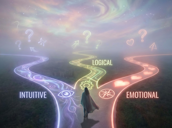 Bir kişinin parlayan yollardan oluşan bir kavşakta durduğu, her bir yolun farklı bir karar verme stilini temsil ettiği görsel: sezgisel, mantıksal ve duygusal. Yumuşak ışık ve seçimin soyut sembolleriyle sürreal, rüya gibi bir atmosfer.