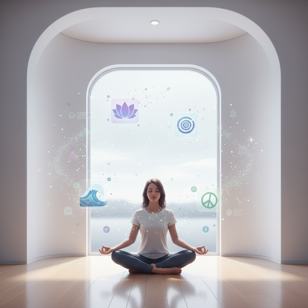 Dijital çağda içsel dengeyi ve farkındalığı temsil eden, meditasyon yapan bir kişiyi gösteren sakin ve etkileyici bir görsel.
