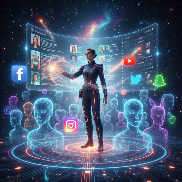 Dijital dünyada sosyal medya kullanım alışkanlıklarını ve çevrimiçi davranışları temsil eden, soyut ve renkli bir dijital kimlik görseli.