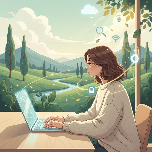 Dijital dünya ile doğal dünya arasında denge arayan bir bireyi gösteren, teknoloji ve iç huzur temalı bir görsel.