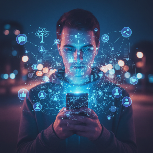 Dijital çağda sosyal etkileşimleri ve teknolojinin ilişkilerdeki rolünü temsil eden bir görsel.