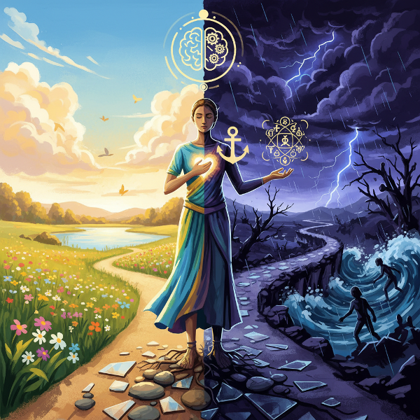 Duygusal dayanıklılık ve başa çıkma mekanizmalarını temsil eden, bir yol ayrımında duran bir kişiyi gösteren sembolik bir dijital sanat çalışması.