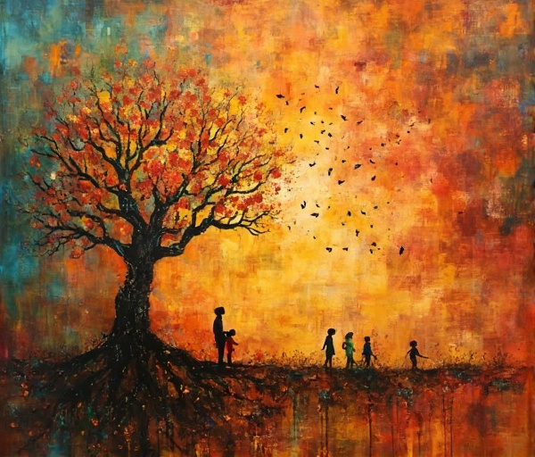 Bu görsel, aile köklerinden gelen görünmez bağları ve bireyin özgürleşme alanlarını temsil eden, birbirine geçmiş aile figürleri, bağlantı çizgileri ve ışıkla yükselen geçmiş kalıplarından oluşan soyut bir çizimdir.