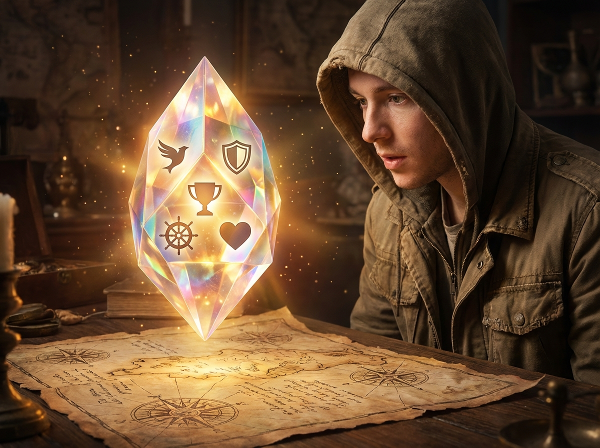 Paranın temsil ettiği farklı duygusal değerleri (özgürlük, güvenlik, başarı, kontrol, sevgi) yansıtan bir kristal ve altında açık bir hazine haritası.