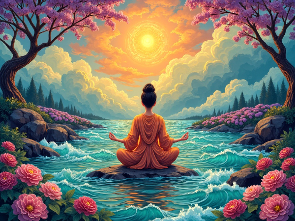 İçsel denge ve yaşam uyumunu temsil eden, huzurlu bir manzarada meditasyon yapan bir figür.