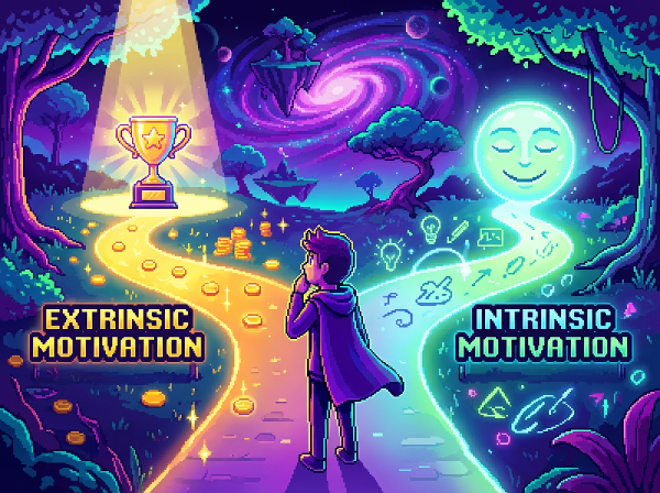 Kişinin içsel ve dışsal motivasyonları arasındaki seçimi temsil eden, parıltılı yollar ve sembollerle dolu bir görsel.