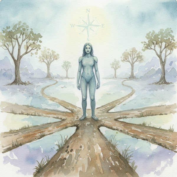 Psikolojik esnekliği ve belirsizlik karşısındaki dayanıklılığı temsil eden, yolları sis içinde kaybolan bir kavşakta duran sakin bir figür.