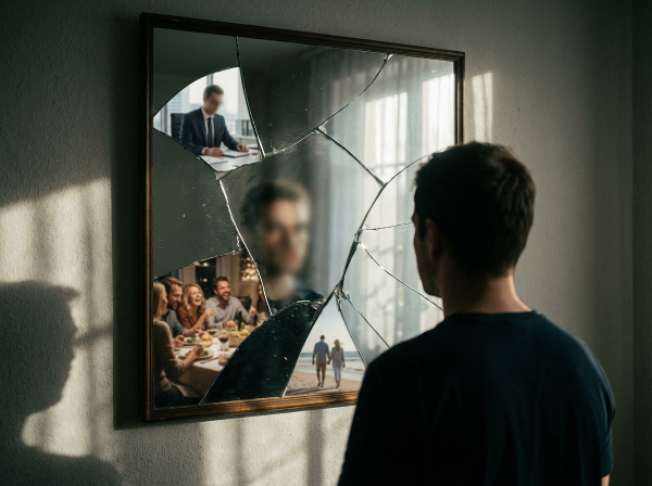 Bir kişinin parçalanmış bir aynaya baktığı, her parçanın farklı bir sosyal rolü yansıttığı görsel. Merkezdeki bulanık yüz, toplumsal maskeler arasında otantik benliği arayışı simgeliyor.