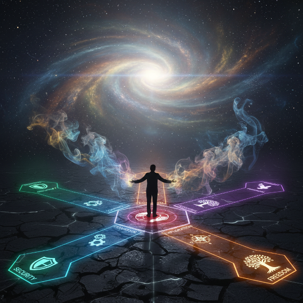 Bir kişi, güvenlik, kontrol, bağlılık, keşif, miras ve özgürlüğü temsil eden altı parıltılı yolun kesiştiği noktada duruyor. Görünmez içsel güçler seçimini etkiliyor. Sembolik, dijital sanat.