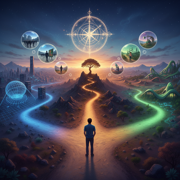 Sosyal durumlarda içgüdüsel tepkilerinizi ölçen bir testi temsil eden, üç yönlü bir yol ayrımı ve değişen pusula iğnesi içeren soyut bir görsel.